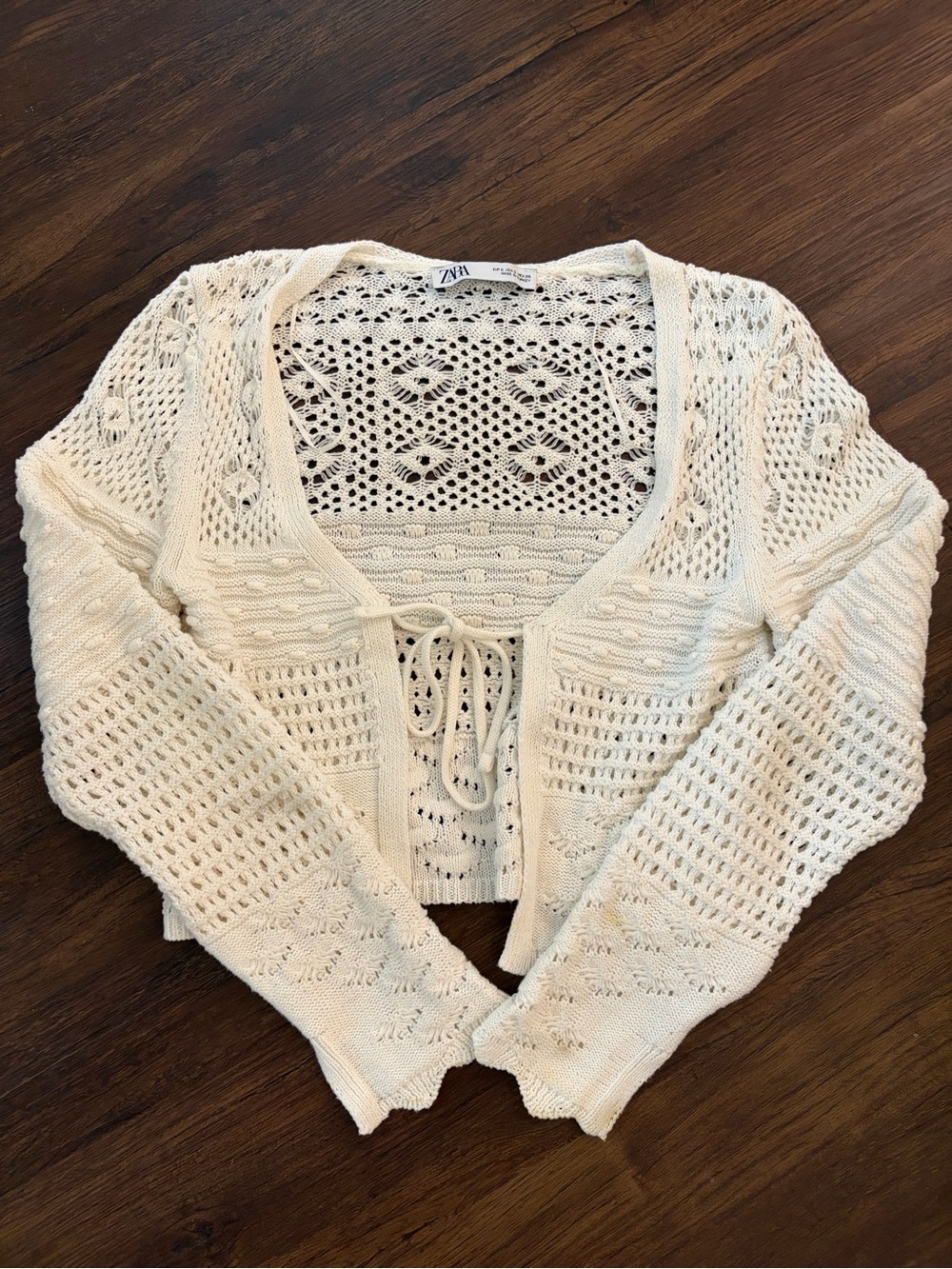 Zara Cream Openwork Tie-Front Cardigan